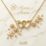Collier avec Pendentif Doré en Acier inoxydable de haute qualité – Double Coeur & Strass