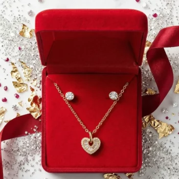 ✨ Parure Éclat Éternel Dorée : Collier Cœur & Boucles d'Oreilles Strass + Coffret