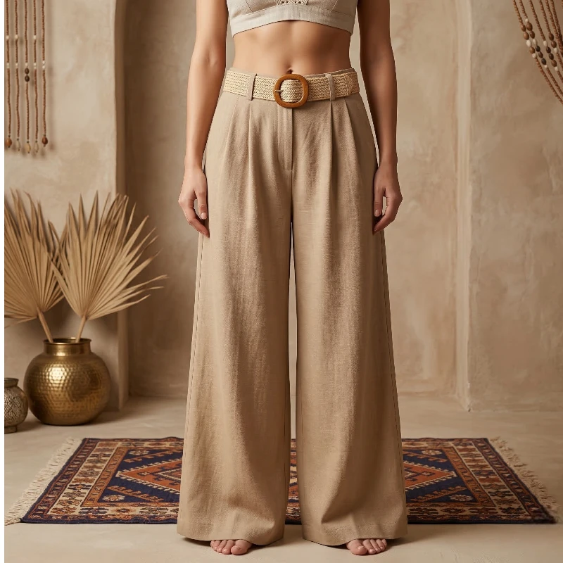 fournisseur en pantalon taupe fabriqué en italie Pantalon Palazzo Fluide Avec Ceinture "36 au 40" – Fabrication Italienne - Taupe – Image 1