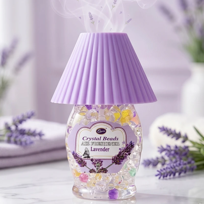fournisseur en parfum d'ambiance maison (1) Désodorisant d'ambiance Perles LAVANDE en forme de lampe mauve – Image 1