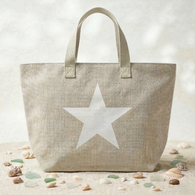 grossiste sac de plage motif étoiles (10) 🏖️ Grand Sac de Plage Taupe Clair Motif Étoile – Image 1