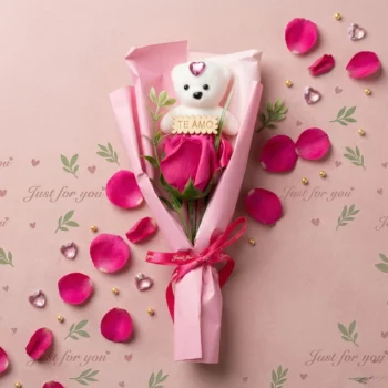 🌹 Bouquet "Duo de Tendresse" 30cm – Rose Éternelle & Ourson - Fête des Mères