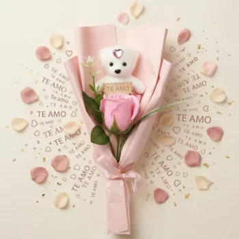 🌹 Bouquet "Duo de Tendresse" 30cm – Rose Éternelle & Ourson - Fête des Mères