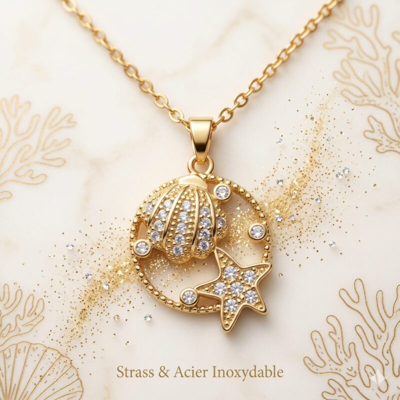 Collier Avec Pendentif Coquillage & Strass Doré - Acier Inoxydable Haute Qualité