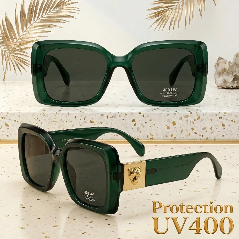 grossiste paire de lunette UV400 verte Paires de Lunettes de Soleil UV400 – Motif Léopard Doré – Vert Bouteille – Image 1