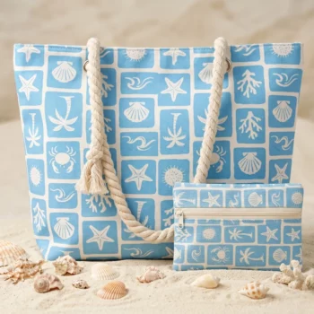 Lot de 5 🏖️ Grand sac de plage « Palmier & Plage » et pochette assortie – Couleurs variées – Image 2