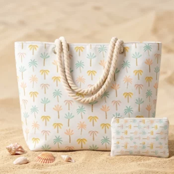 Lot de 5 🏖️ Grand sac de plage « Palmier & Plage » et pochette assortie – Couleurs variées – Image 3
