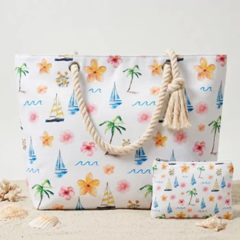 Lot de 5 🏖️ Grand sac de plage « Palmier & Plage » et pochette assortie – Couleurs variées – Image 4