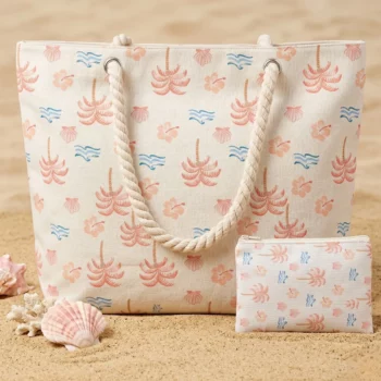 Lot de 5 🏖️ Grand sac de plage « Palmier & Plage » et pochette assortie – Couleurs variées – Image 5