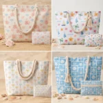 Lot de 5 🏖️ Grand sac de plage « Palmier & Plage » et pochette assortie – Couleurs variées