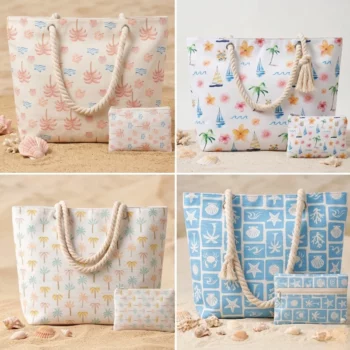 Lot de 5 🏖️ Grand sac de plage « Palmier & Plage » et pochette assortie – Couleurs variées
