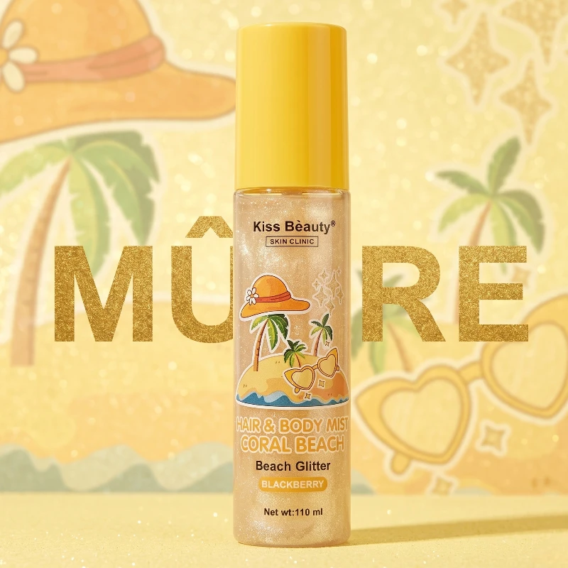 grossiste en brume corporelle et cheveux pailletté (1) Brume Cheveux & Corps Glitter CORAL BEACH (Mûre) 110ml - Kiss Beauty – Image 1