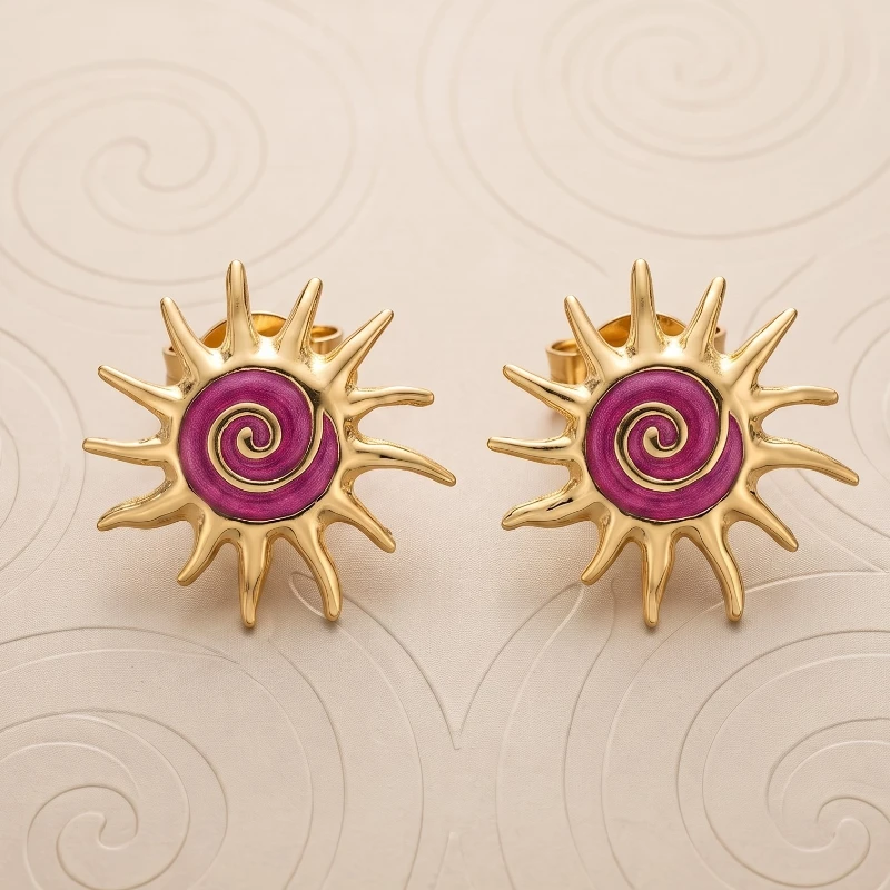 boucle d'oreille soleil en acier inoxydable fushiarosedoré ✨ Paire de Boucles d'Oreilles "Soleil Coloré Fushia" En Acier Inoxydable ✨ – Image 1