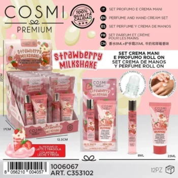 🍓 Présentoir de 12 Coffrets Mini Set Parfum Roll-On & Crème Mains COSMI Premium "Strawberry Milkshake" (8 ml + 25 ml)✨ 🥤 – Image 2