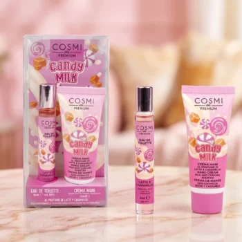🍬 Présentoir de 12 Coffrets Mini Set Parfum Roll-On & Crème Mains COSMI Premium "Candy Milk" (8 ml + 25 ml) : Douceur Sucrée ✨ 🍯