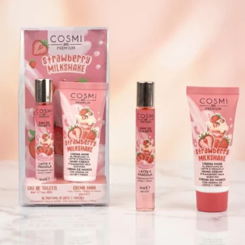 🍓 Présentoir de 12 Coffrets Mini Set Parfum Roll-On & Crème Mains COSMI Premium "Strawberry Milkshake" (8 ml + 25 ml)✨ 🥤