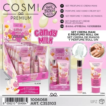 🍬 Présentoir de 12 Coffrets Mini Set Parfum Roll-On & Crème Mains COSMI Premium "Candy Milk" (8 ml + 25 ml) : Douceur Sucrée ✨ 🍯 – Image 2