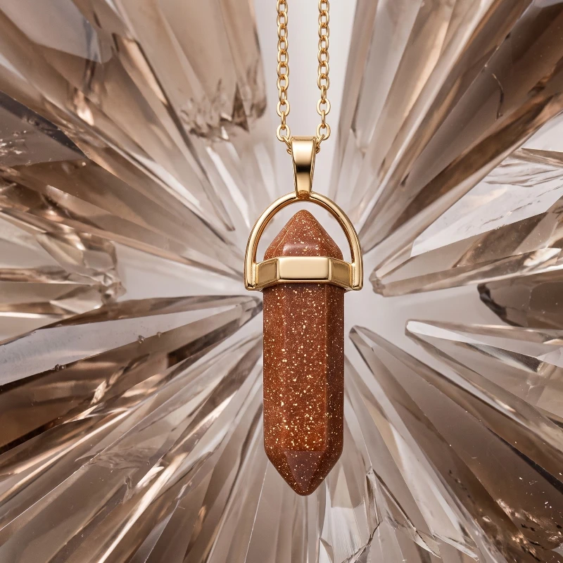 collier effet dent de crystal brique Collier Doré Avec Pendentif Effet Cristal Couleur Brique – Image 1
