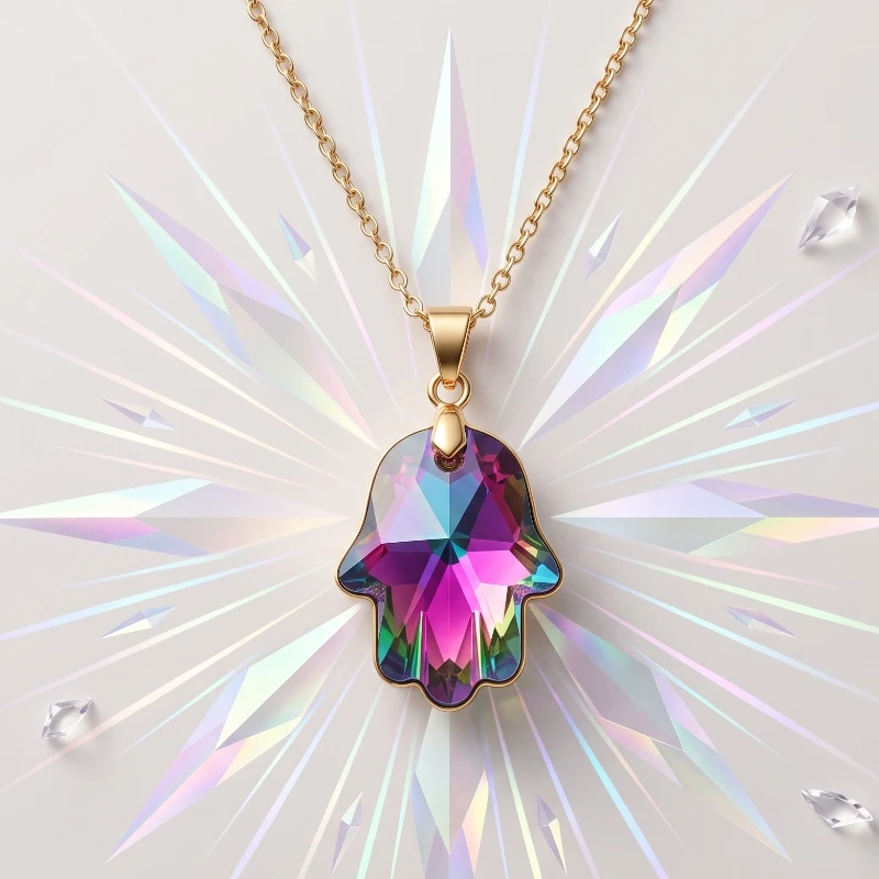 collier pendentif main effet crystal mauve Collier Doré Avec Pendentif Main Effet Cristal Couleur Mauve – Image 1