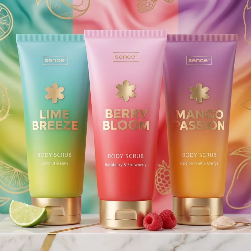 🍓 Lot de 12 Gommages Corporels "Berry Bloom" 150 ml – Sence 🌸✨